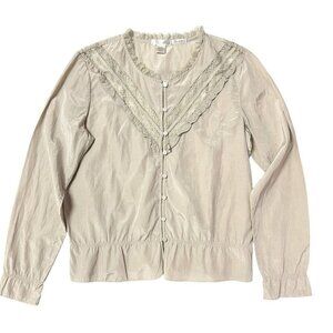 Vtg Old Navy Peasant Top Women L Beige Lace Boho Ruffle Cottagecore Silk Blend